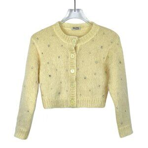 Miu Miu Yellow Crystal-Embellished Knit Cardigan Sweater Button-Up Made In Italy